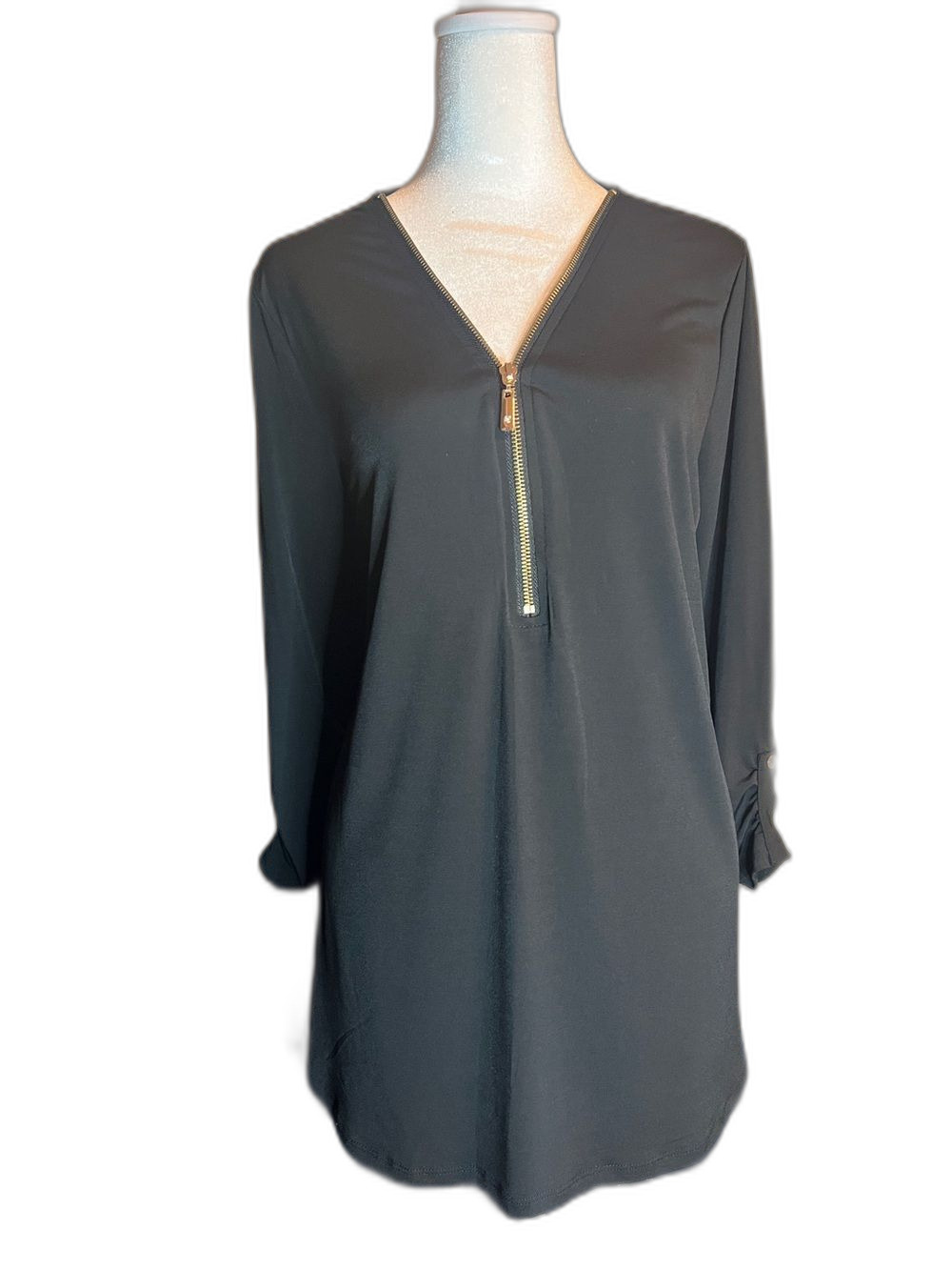 JM Collection Black V-Neck Tunic with Gold Zip Detail Size M